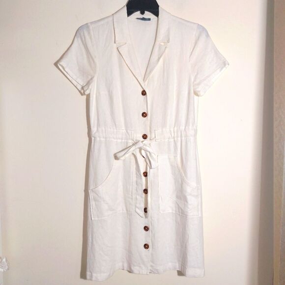 ModCloth Women's Linen Blend Enthralled Again Ivory Shirt Dress Size M EUC - Picture 3 of 11